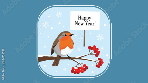 Festive illustration of a cute robin bird perched on a snow-covered branch with red berries and a Happy New Year sign in a winter scene.