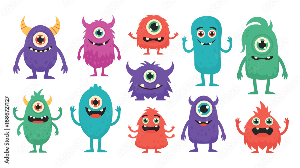 Obraz premium Fun collection of colorful cute monsters with various eyes and shapes for creative children party and game design.