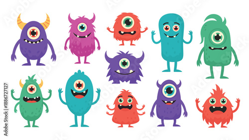Fun collection of colorful cute monsters with various eyes and shapes for creative children party and game design.
