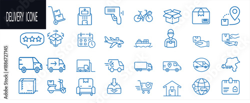 Delivery line icon set, blue shipping box, transport van, logistics service, courier tracking, warehouse storage, and more vector illustration with editable stroke.