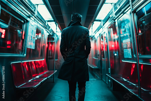 Urban subway scene with stylish person riding train through city local public transportation commute generative ai