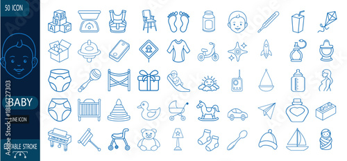 Baby line icon set, blue infant toys, newborn essentials, nursery furniture, toddler equipment, stroller, cradle, feeding bottle, and more vector illustration with editable stroke.