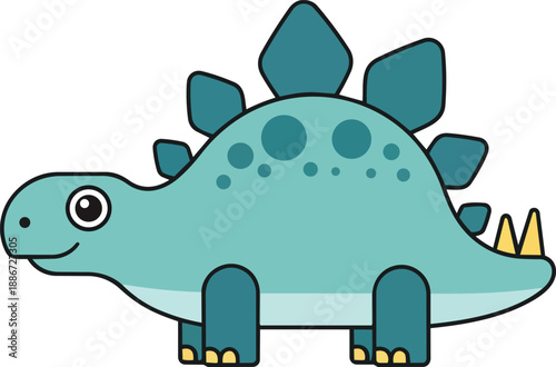 A cartoon stegosaurus dinosaur with large eyes and spiky tail standing on four legs in a simple illustration style