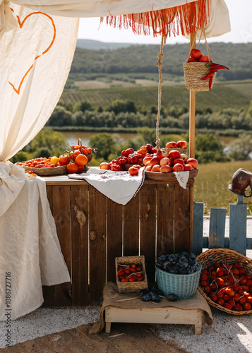 Rustic Outdoor Fruit Market Stand in Countryside Landscape