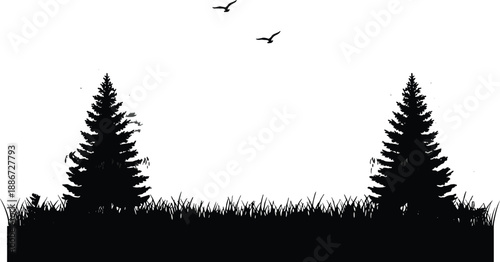 Minimal forest landscape silhouette with pine trees, grass, and flying birds against white sky creating calm nature background for stock design