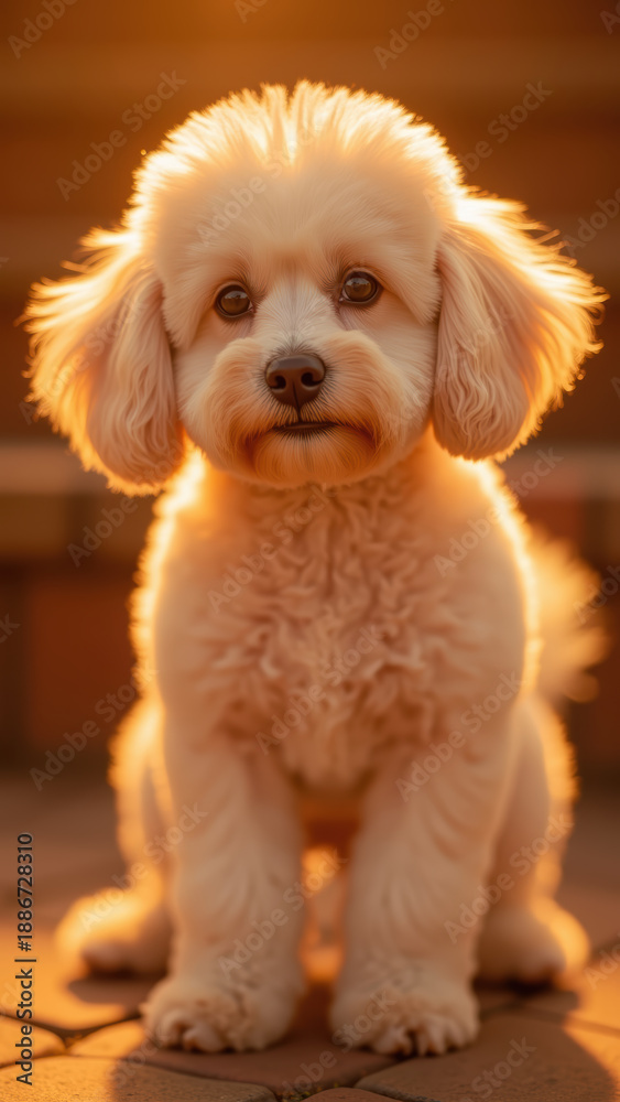 Obraz premium Fluffy dog with soft fur, sitting calmly in warm sunlight, showcasing cute expression and bright eyes