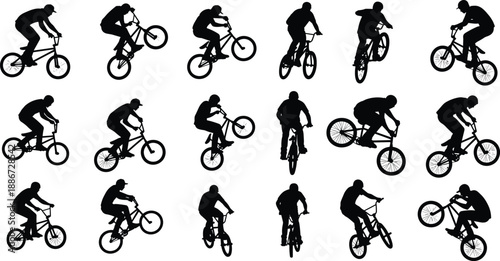 BMX freestyle rider silhouettes set performing tricks, jumps and stunts, extreme cycling action, black isolated sports vector illustration