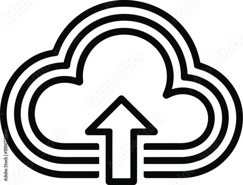 Simple black and white outline icon clearly depicts data uploading to a stylized cloud server storage system.