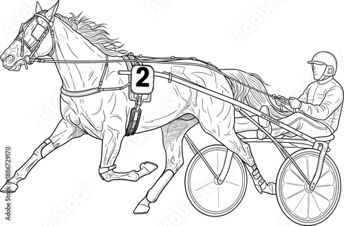 Harness racing horse with sulky and driver, detailed line art illustration of trotting racehorse in motion isolated