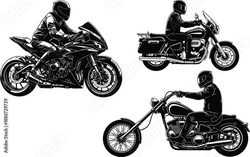 Motorcycle rider silhouettes set featuring sport bike, touring motorcycle and chopper motorbike vector illustration isolated on white background