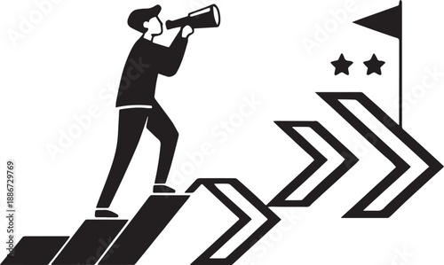 Man with telescope on stairs looking at flag and stars symbolizing success and future Keywords: man, telescope, looking