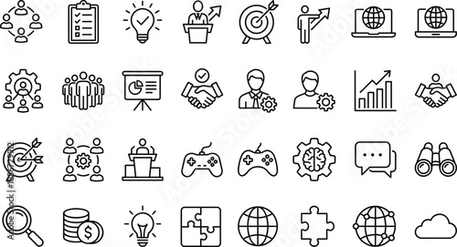 Business and technology icon set, teamwork visuals, innovation symbols, leadership graphics, global connectivity, strategy tools, growth, planning, communication