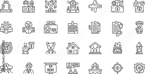 Business finance icons, banking symbols, investment graphics, property rent illustrations, legal document signs, identity verification, financial planning, data analysis, money transaction