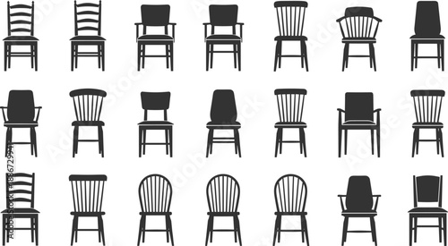 Set of classic and modern chair silhouettes featuring various wooden dining seats and office armchairs isolated on white background for interior design vector