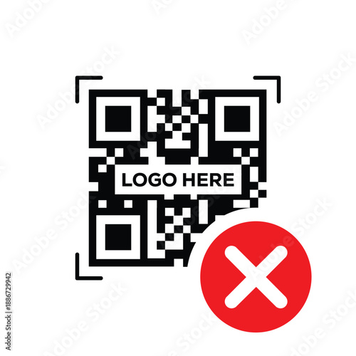 QR code with a red 'X' cross mark icon. Vector graphic representing a failed scan, invalid link, denied digital payment, or error during mobile transaction on a clean white background.
