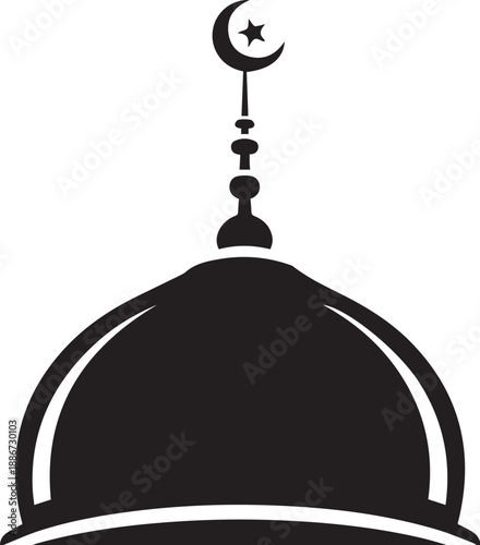Black and white illustration of a mosque dome with crescent moon finial