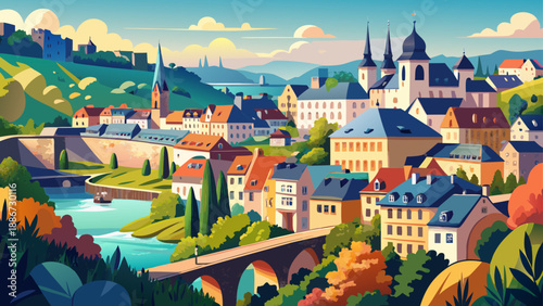 Very beautiful view of Luxembourg Old Town and Grund district showcasing historic houses, stone bridges, and river scenery nestled within dramatic green valleys and medieval urban layers.