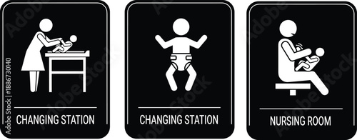 Baby care facility signage icons set, changing station and nursing room symbols, public restroom pictograms, infant care services, black and white vector illustration