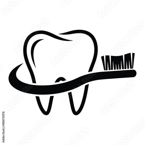 Black graphic of a tooth with a toothbrush cleaning it dental hygiene