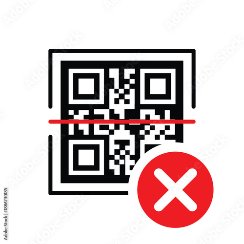 QR code with a red 'X' cross mark icon. Vector graphic representing a failed scan, invalid link, denied digital payment, or error during mobile transaction on a clean white background.