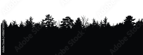 Minimalist black forest silhouette treeline against white sky nature landscape with pine trees wilderness aesthetic background for design and wallpaper