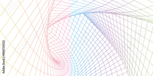 multicolored wireframe pattern forms a spiraling grid tunnel, offering a dynamic abstract background. Ideal for technology, design, and innovation themes,