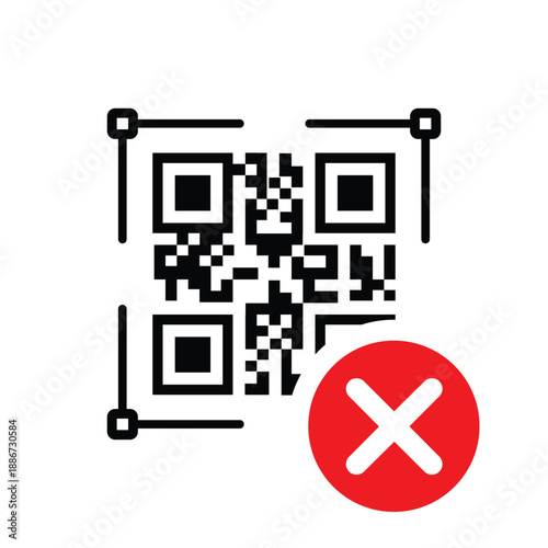 QR code with a red 'X' cross mark icon. Vector graphic representing a failed scan, invalid link, denied digital payment, or error during mobile transaction on a clean white background.