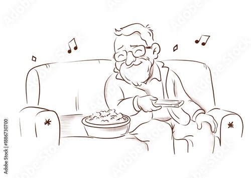 Man enjoys music and snack while seated on sofa in simple setting