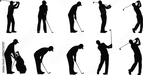 Set of professional golf player silhouettes featuring male golfers in various swing poses including driving putting and carrying bags isolated on white background vector