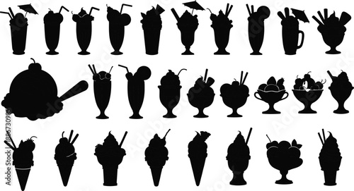 Collection of various ice cream and milkshake silhouettes featuring sundae bowls waffle cones and summer dessert drinks isolated on white background for cafe menu design