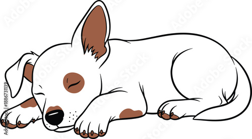 Cute cartoon illustration of a white spotted puppy dog sleeping peacefully on the floor isolated on a clean white background for pet design (25 words)