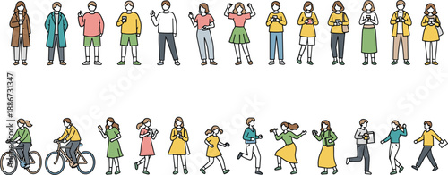 Flat people character illustrations set, modern men and women daily activities, walking running cycling dancing poses, lifestyle cartoon figures, colorful vector design