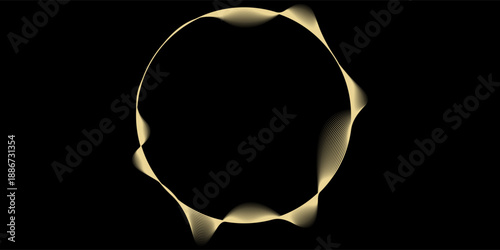 Abstract circle wave lines, gradient light equalizer gold wavy curve. Round frame in luxury golden color isolated on black background. Editable stroke. Vector illustration with copy space