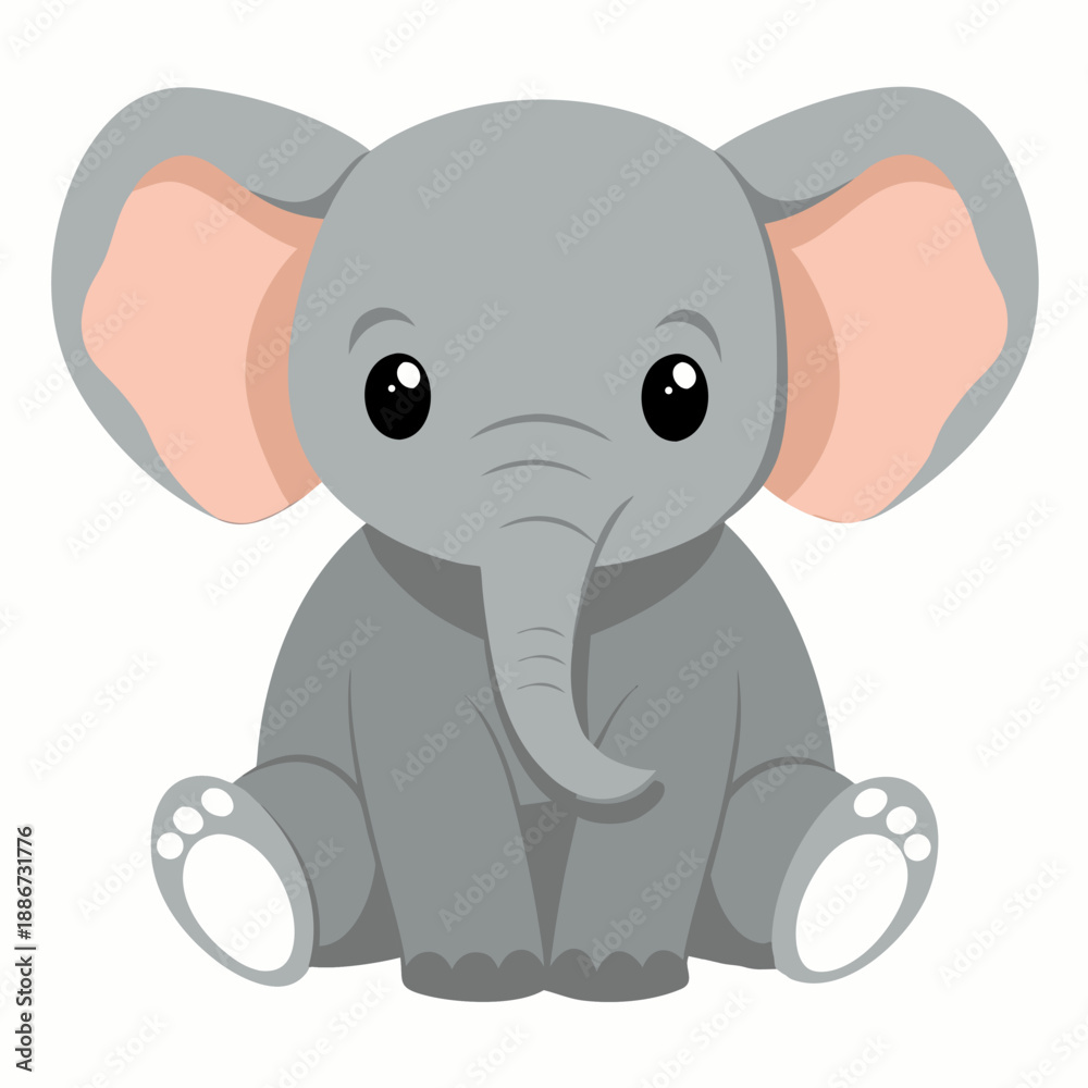 Obraz premium Cartoon adorable baby elephant sitting front view.Cute animal character design. Perfect for children’s books, education, stickers, mascots and logos. Isolated vector illustration on white background