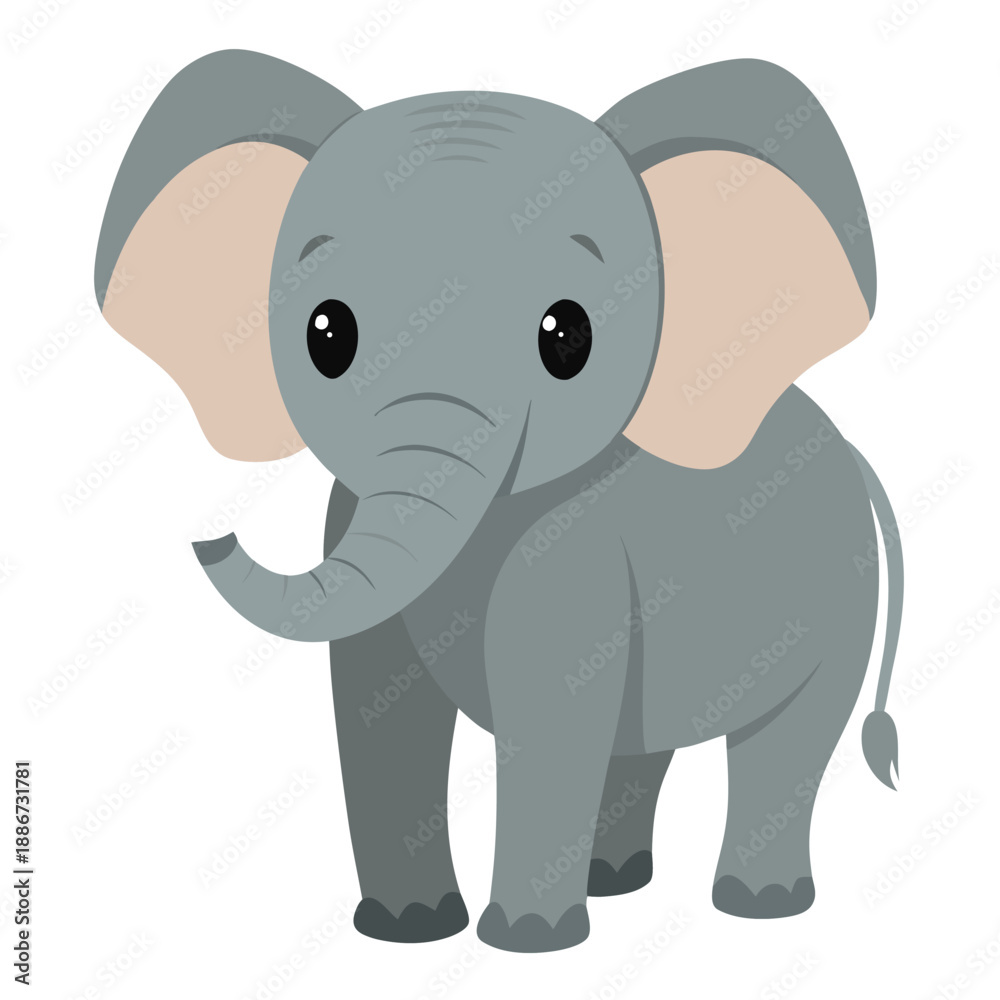 Fototapeta premium Cartoon adorable baby elephant standing, front view.Сute animal character design. Perfect for children’s books, education,stickers, mascots and logos. Isolated vector illustration on white background