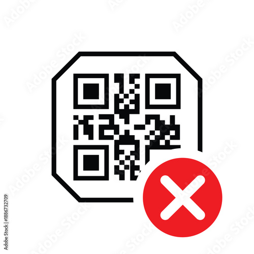 QR code with a red 'X' cross mark icon. Vector graphic representing a failed scan, invalid link, denied digital payment, or error during mobile transaction on a clean white background.
