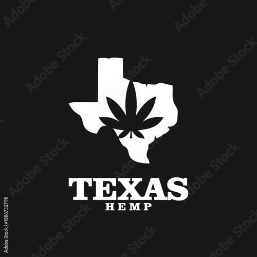 Texas state map outline with a stylized hemp leaf graphic and "TEXAS HEMP" text in a black and white minimalist logo design.
