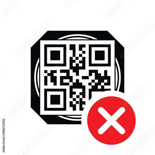 QR code with a red 'X' cross mark icon. Vector graphic representing a failed scan, invalid link, denied digital payment, or error during mobile transaction on a clean white background.