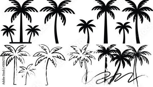Palm tree silhouette illustration set showing multiple tropical styles including solid icons, sketch lines, ink brush, and grunge artistic designs on white background
