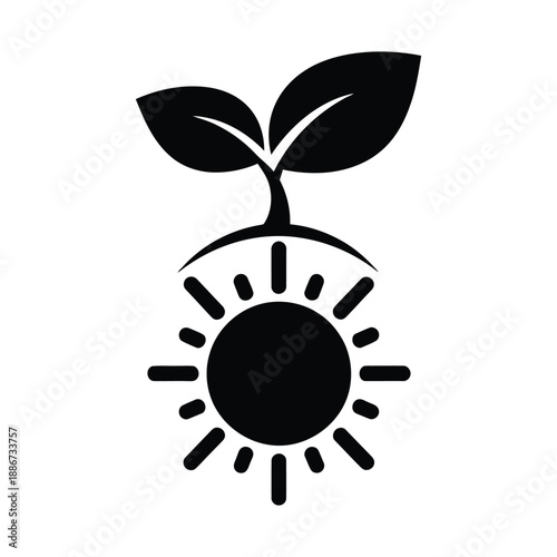 Black silhouette of a seedling growing from a sun icon sprout plant