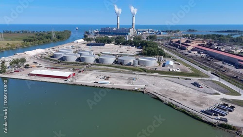 Monroe Power Plant and tank farm along River Raisin connecting to Lake Erie, Michigan