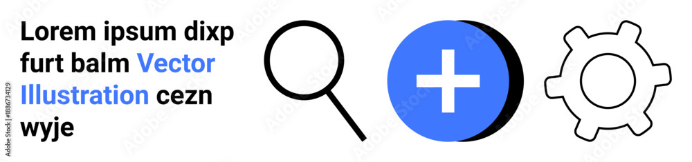 Obraz premium Technology, interface design, navigation tools, online functionality, application development, system settings. Magnifying glass, plus sign gear icon. Technology and interface design concepts