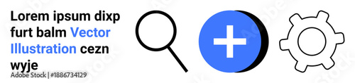 Technology, interface design, navigation tools, online functionality, application development, system settings. Magnifying glass, plus sign gear icon. Technology and interface design concepts