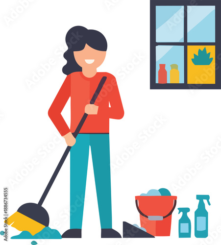 Woman cleaning the floor with a mop in a room with cleaning supplies and a window