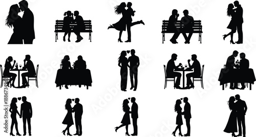 Romantic couple silhouettes in dating scenes, love moments, kissing hugging and dinner, black and white vector illustration collection set