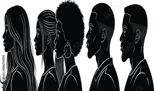 Silhouette, diverse side profiles, hairstyle variation, earrings, facial features, black background, cultural style, artistic portrait, clean lines, identity