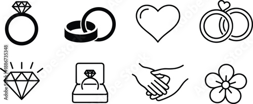 Wedding and engagement icons set, rings heart diamond flower handshake, love symbols, minimal black and white vector illustration collectionWedding 
