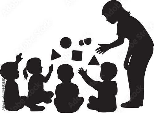 Silhouette of teaching children with geometric shapes