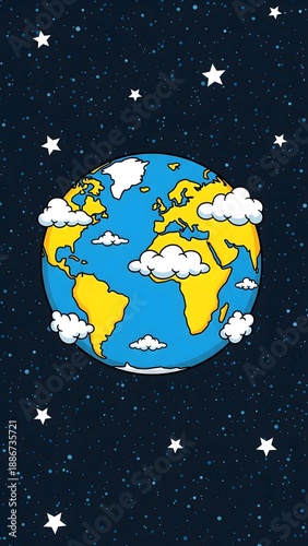 A vertical illustration of planet Earth in a playful cartoon style. The globe features yellow continents, blue oceans, and fluffy white clouds against a dark blue starry space background. Perfect for 