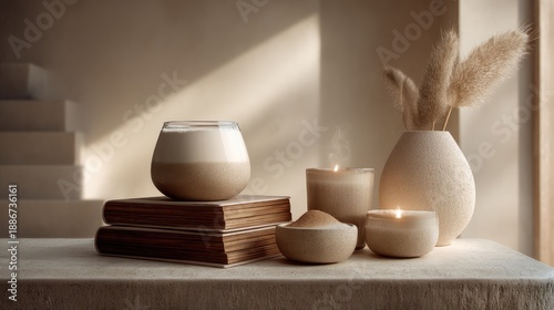 Serene Interior Scene Featuring Earthy Candles, Decorative Vases, Natural Textures, and Warm Light in a Cozy Atmosphere for Relaxation and Meditation